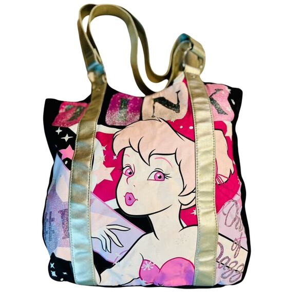 VTG Disney Tinkerbell “Diva of Dazzle” Tote Bag – Pink & Black with Gold Straps - Picture 1 of 10